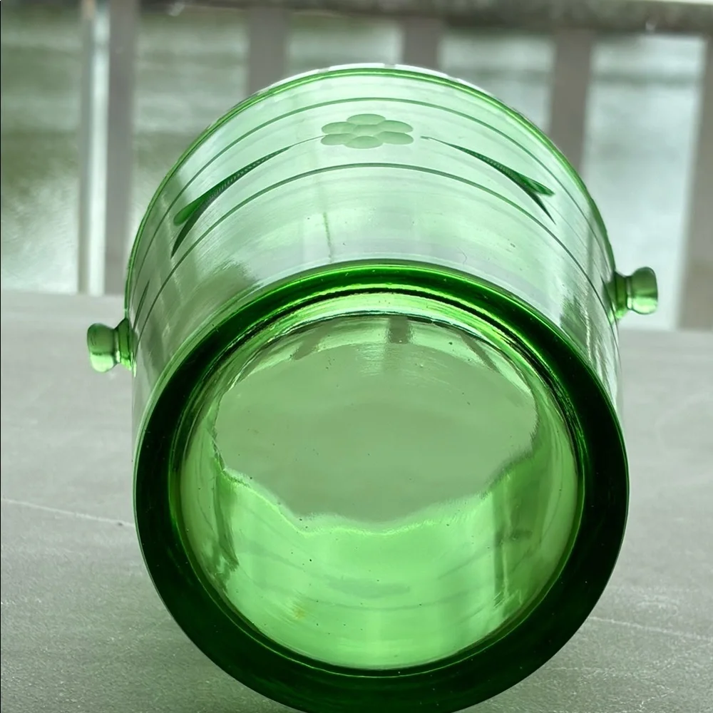 Vintage Uranium Green Depression Glass Ice Bucket with Floral Design